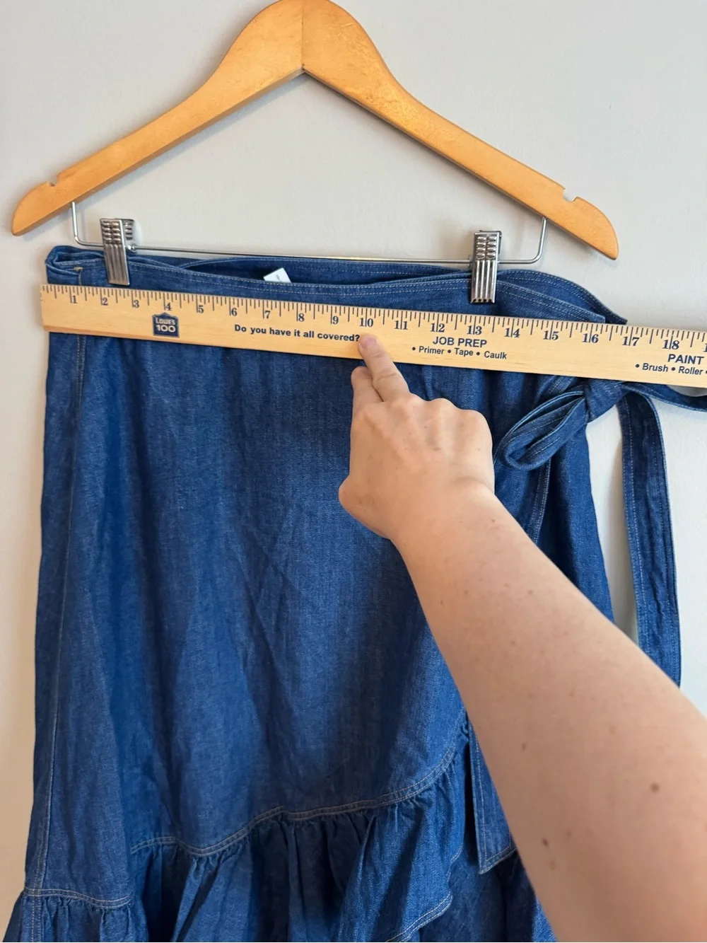 Polo Ralph Lauren Ruffled Chambray Wrap Skirt Blue Denim High-Low Size 12 euc - Picture 12 of 13